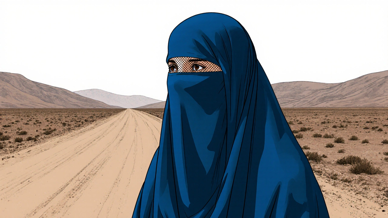 Женщина в синей бурке с сеткой для глаз, стоящая на пустынной дороге.