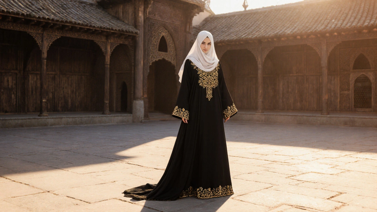 Женщина в вышитой абайе стоит во дворе в Татарстане, мягкий закатный свет, тонкая вуаль.