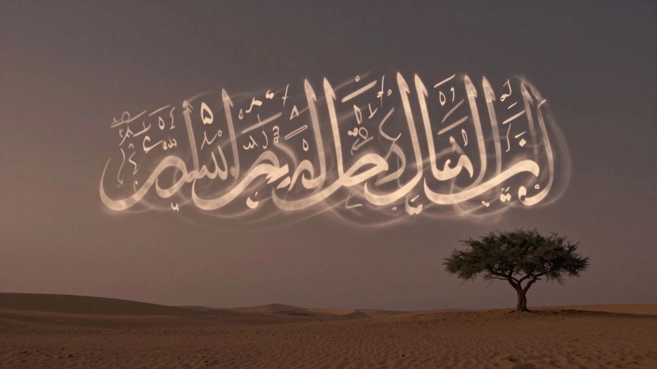 Арабские имена Аллаха, растворяющиеся в ветру над пустынным деревом.
