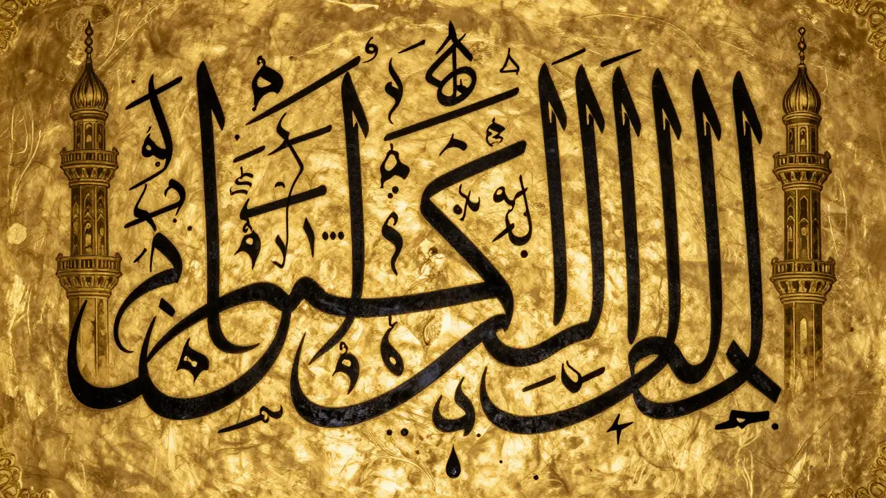Декоративное каллиграфическое написание 'Аллах' в стиле дивани, с витыми линиями на золотом фоне.
