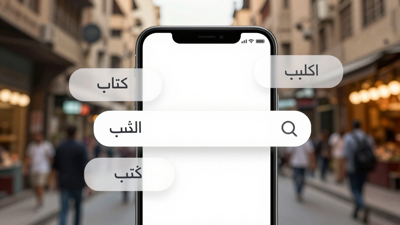 Экран телефона с вводом арабского текста и автопредложениями слов по согласным корням.