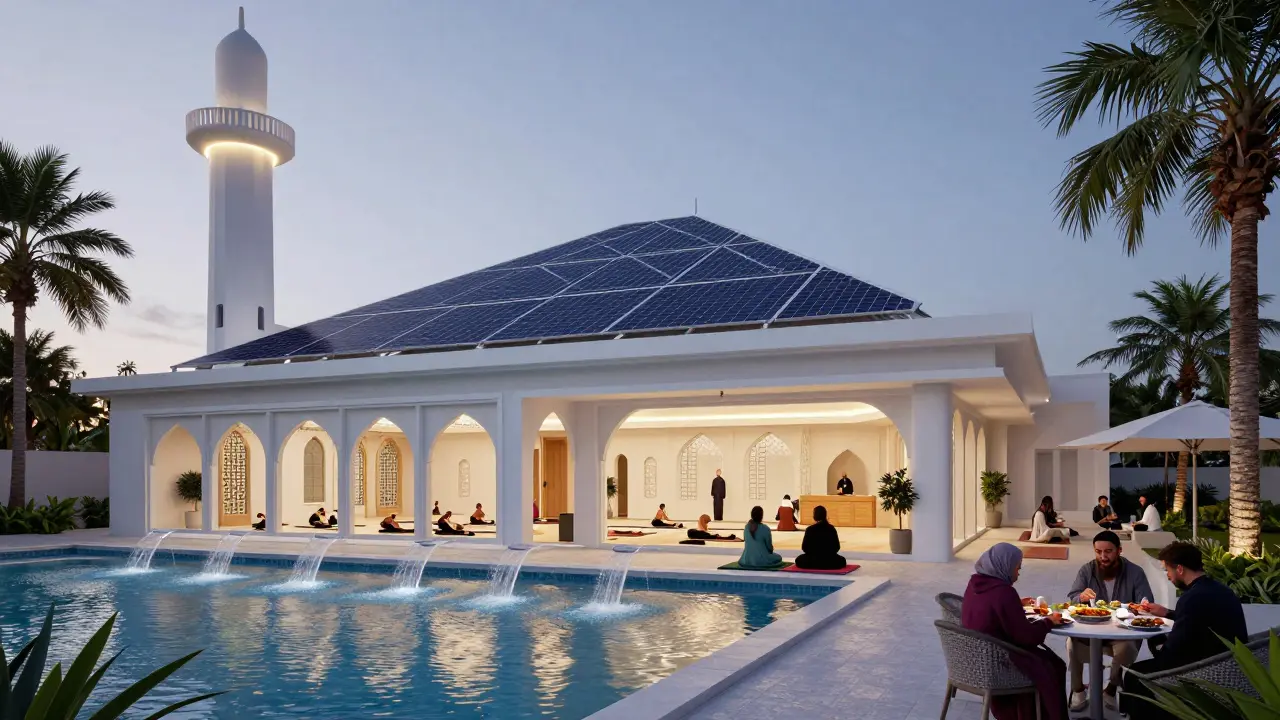 Футуристическая мечеть в Майами-Бич с солнечными панелями, двориком и людьми разных вероисповеданий, разделяющими трапезу.