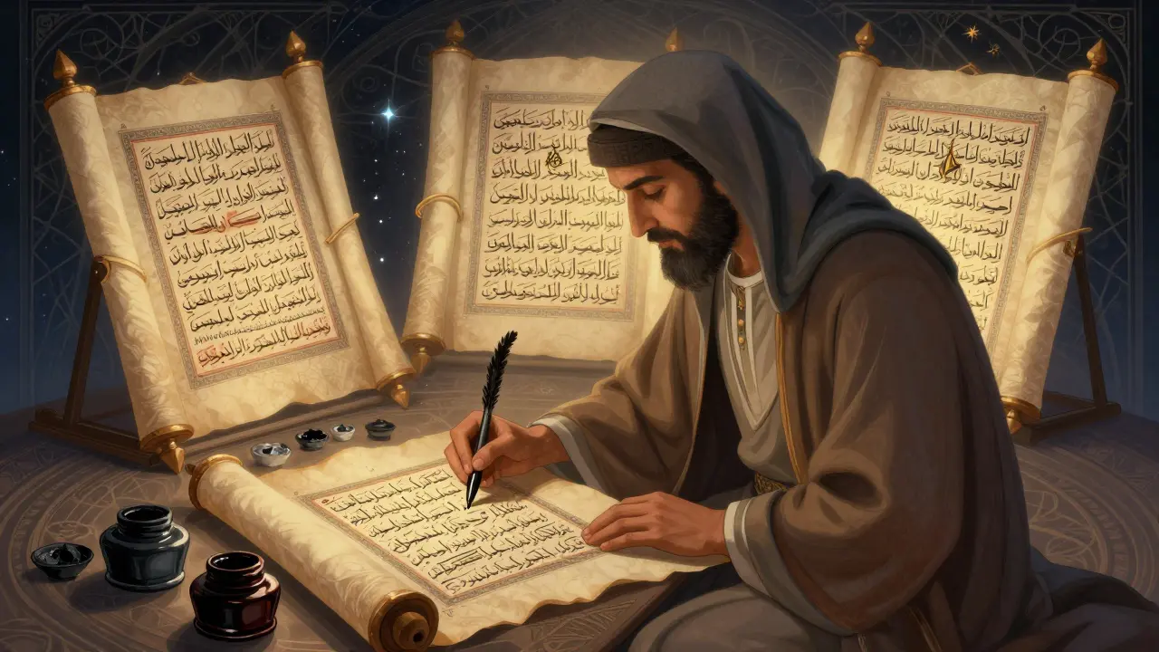 Каллиграф пишет на пергаменте, окруженный светящимися образами древних копий Корана в стиле исламской миниатюры.