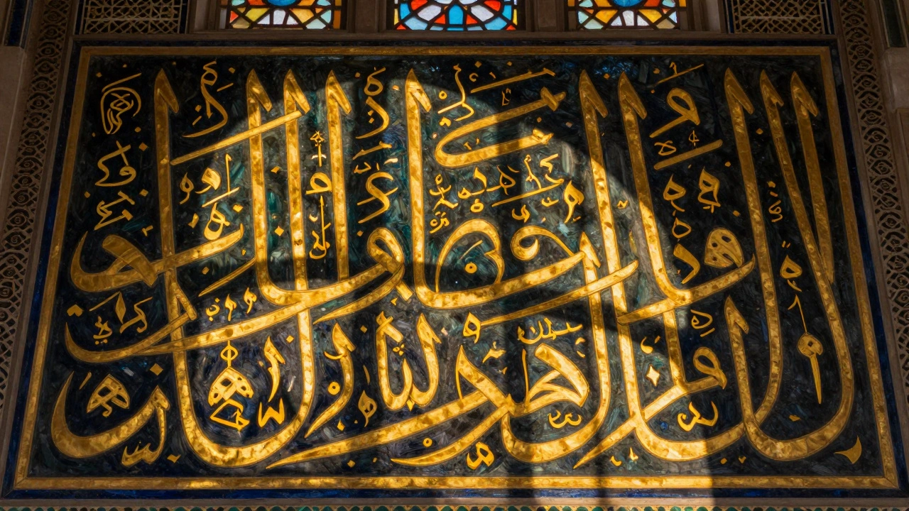 Каллиграфическое украшение стены мечети из изящных согласных букв без гласных.