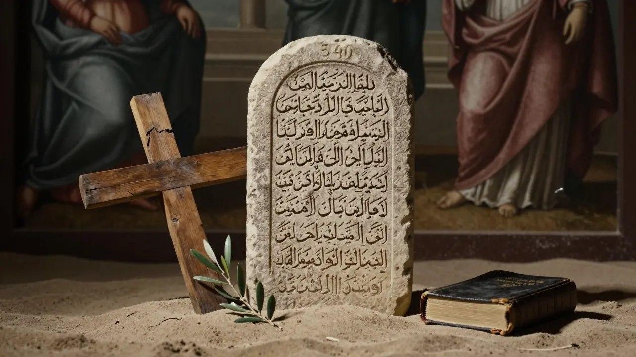 Каменная плита с аятами Корана рядом с разрушенным крестом и открытой Библией.