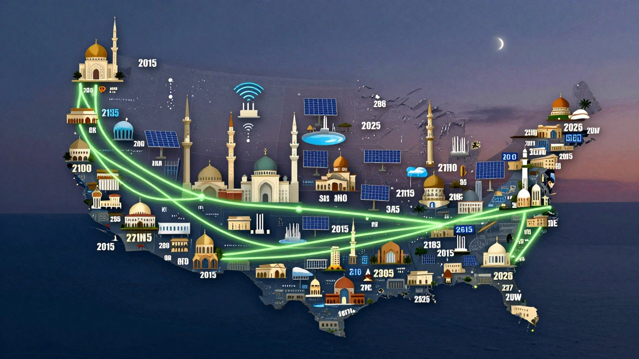 Карта США с распределением мечетей и символами устойчивого развития.