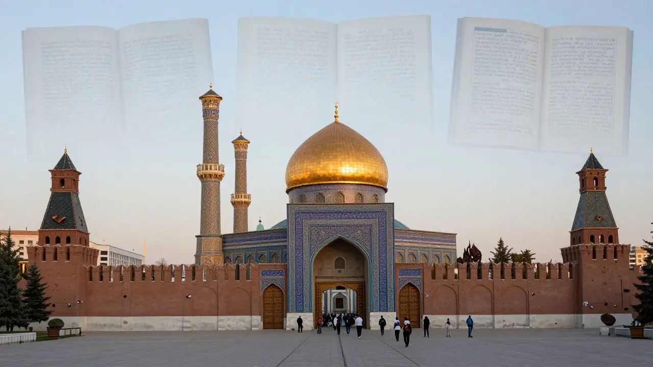 Комплекс мечети Кул-Шариф на рассвете с посетителями и строящимся образовательным центром на фоне.