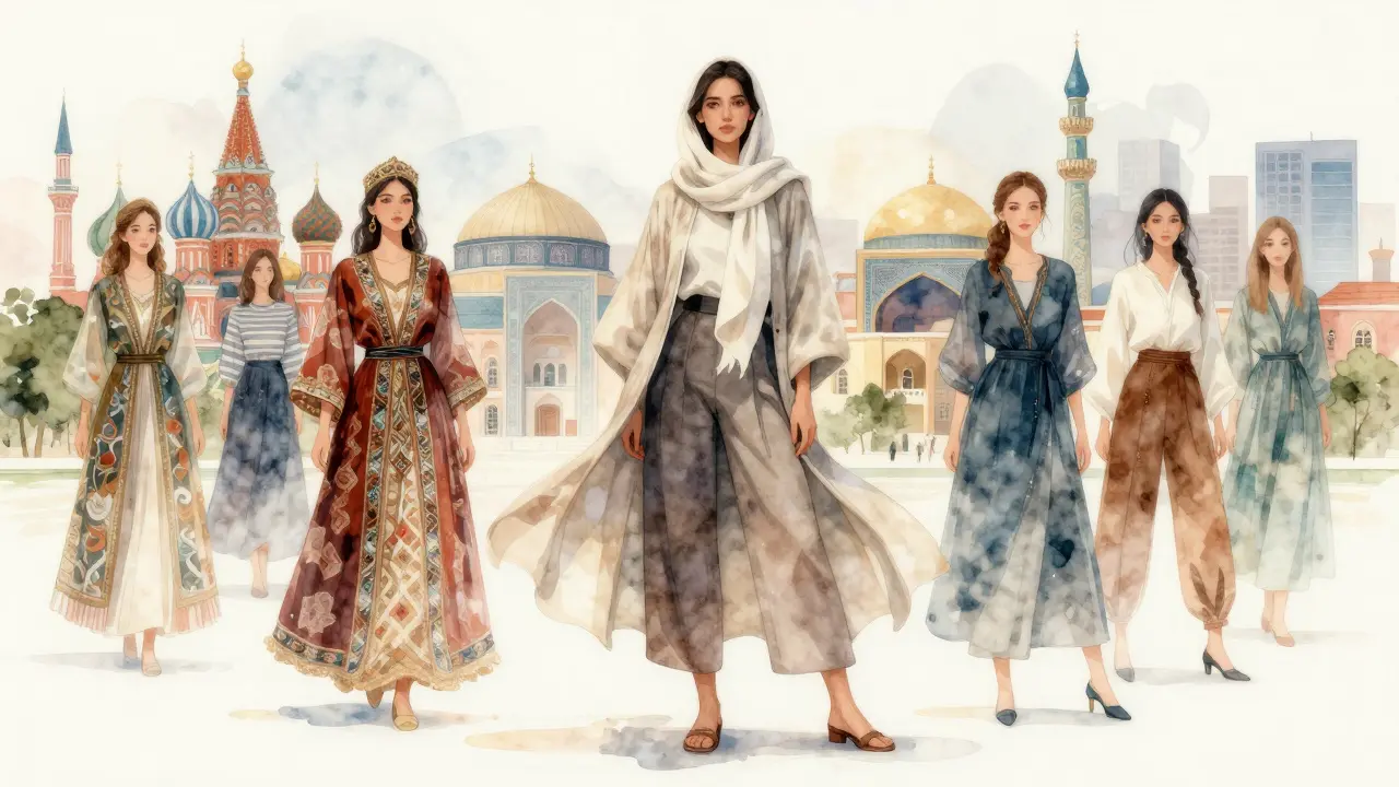 Концептуальное изображение женщины в скромных брюках и накидке, символизирующее единство культур в исламе.