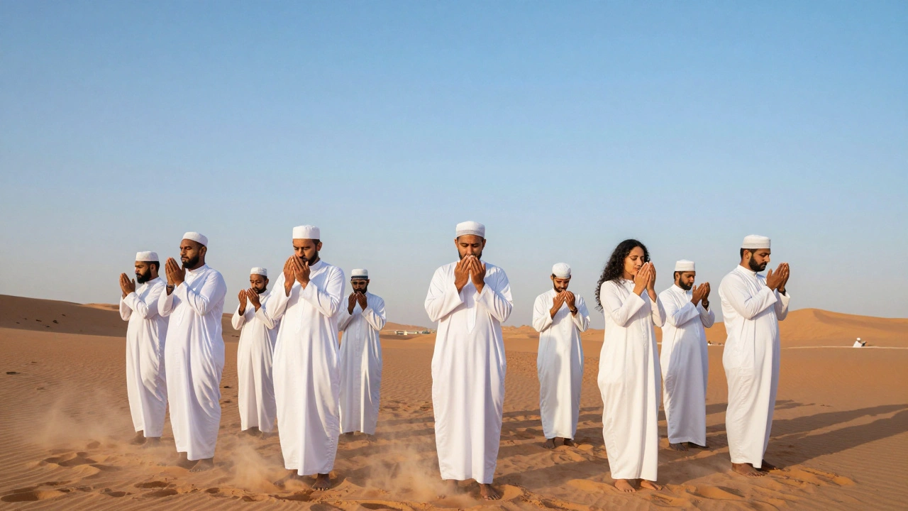 Люди разных национальностей молятся вместе в белых одеждах на пустынной равнине.