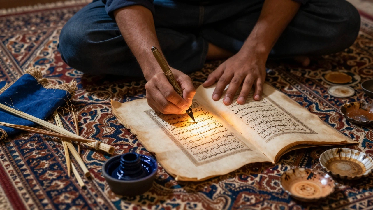 Мастер каллиграфии пишет аят из Корана традиционным тростниковым пером на пергаменте.