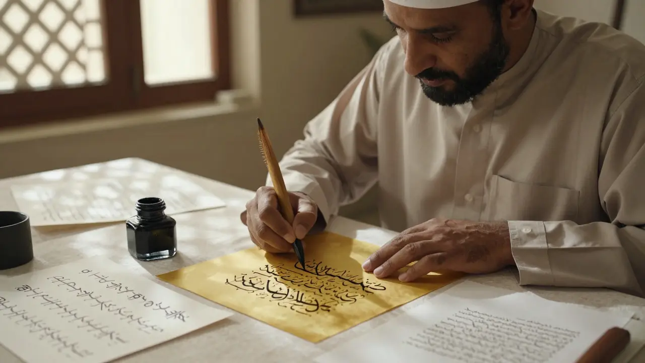 Мастер пишет насхом на золотой бумаге, держа тростниковое перо.