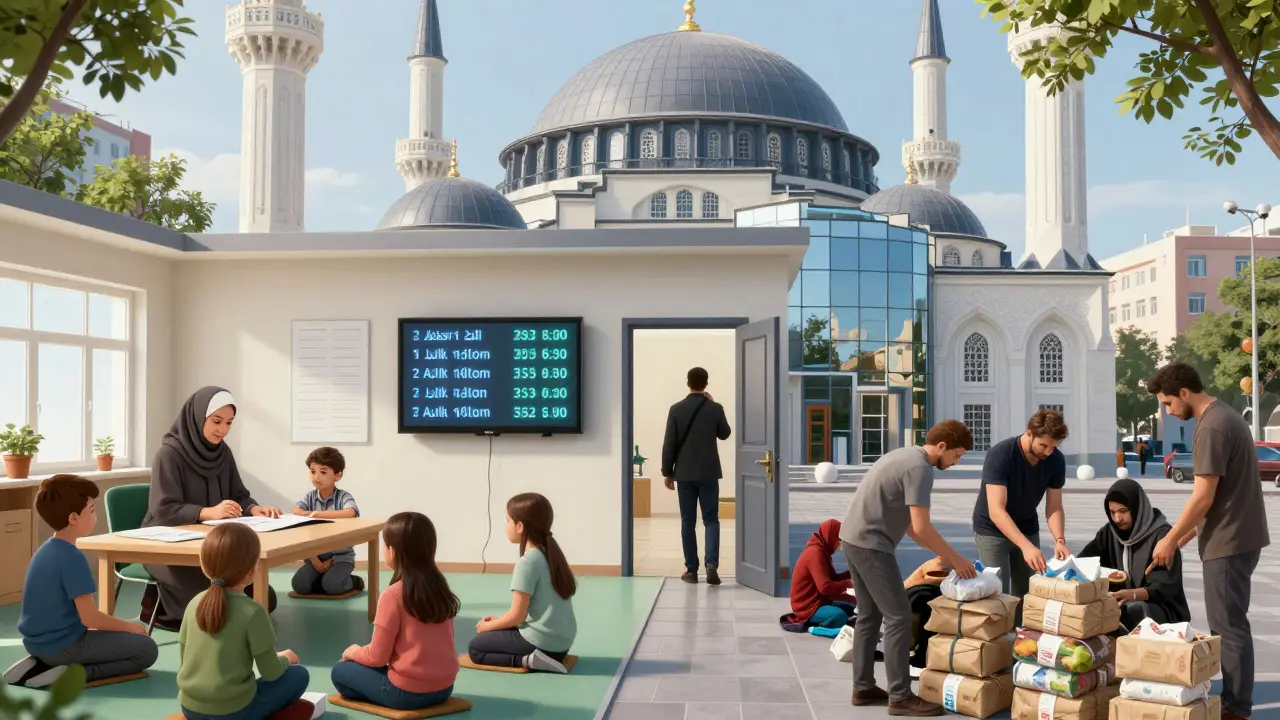 Мечеть как центр помощи: женщины учат детей, волонтёры упаковывают еду для нуждающихся.