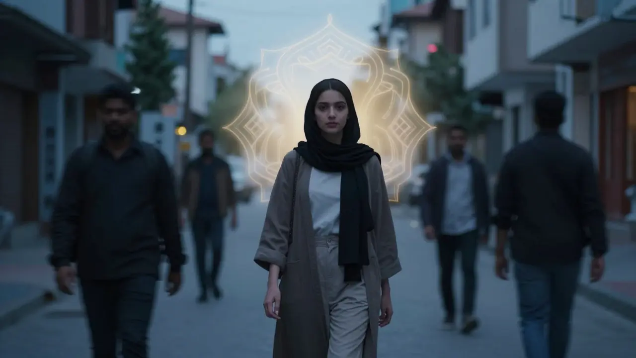 Молодая женщина идет по улице, ее внутренняя вера светится тонким узором.