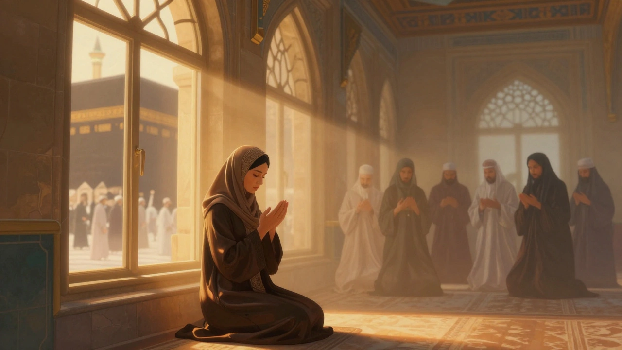 Мусульманка в Казани молится, её отражение показывает древнюю мечеть Куба — связь поколений.