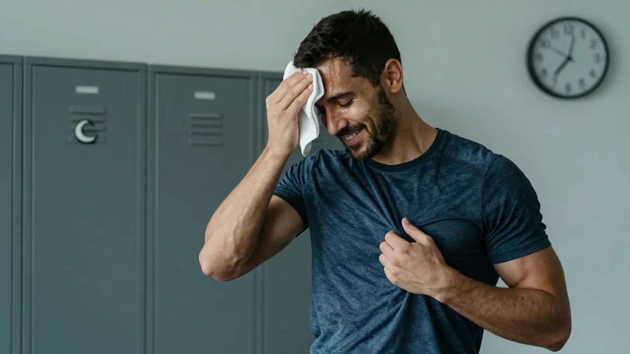 Мужчина после тренировки улыбается, поправляя футболку на гладкой коже, на фоне — часы и мусульманская символика.