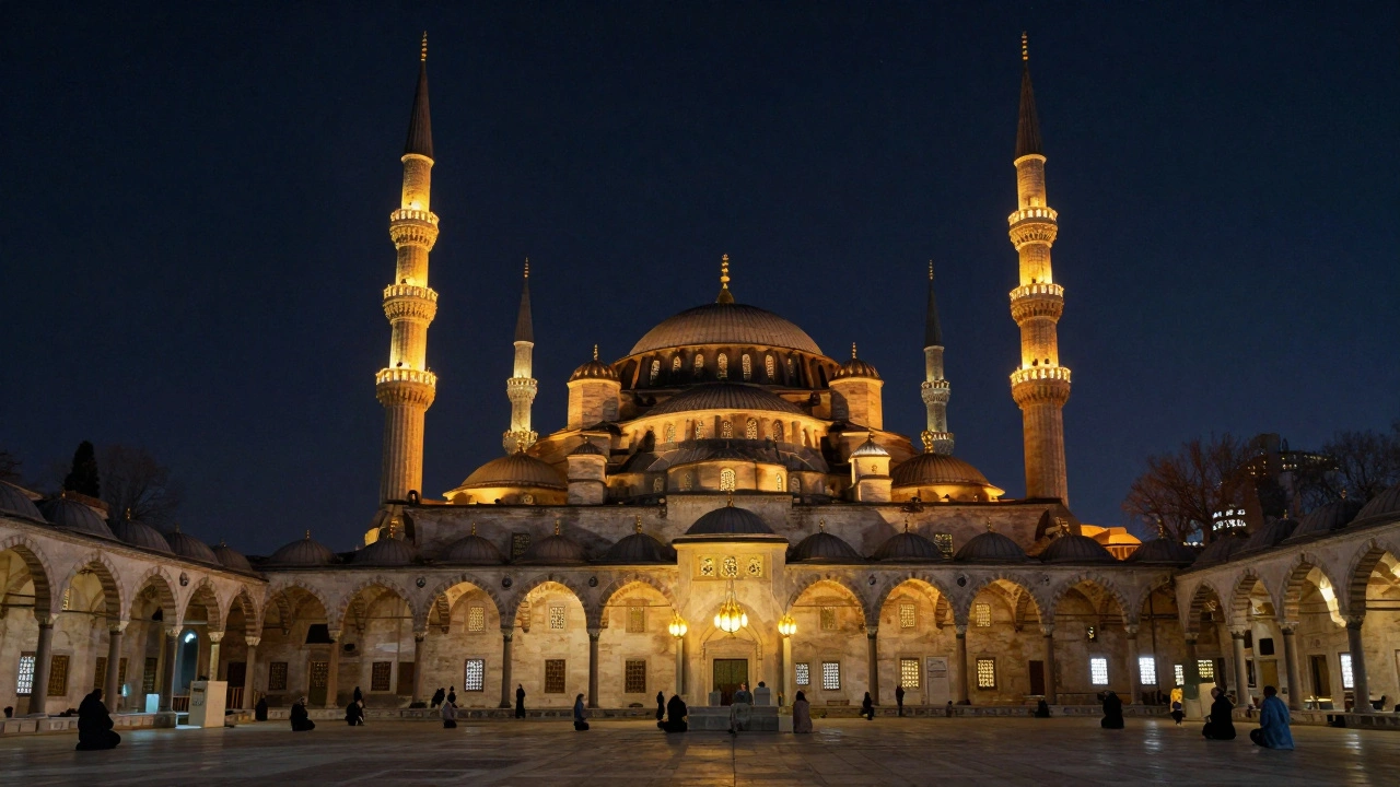 Ночная мечеть Ляля Тюльпан с молящимися во дворе под звёздами.