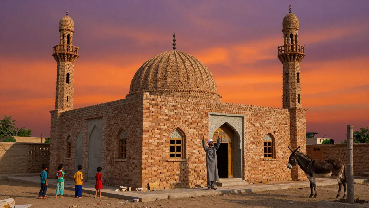 Пакистанская деревенская мечеть, построенная на пожертвования, закат, мюezzin зовёт на молитву.