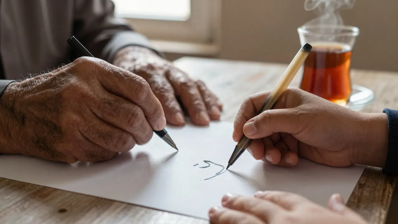 Пожилой человек и ребёнок пишут вместе арабскую букву, руки держат перо, тёплый свет.