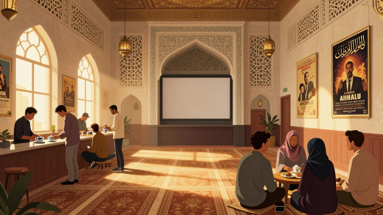 Преобразованный кинотеатр в Лос-Анджелесе, ставший мечетью с молитвенными коврами.