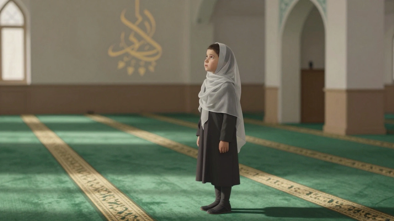 Ребёнок в скромной одежде тихо смотрит на пустые коврики для молитвы в мечети, солнечный свет на полу.
