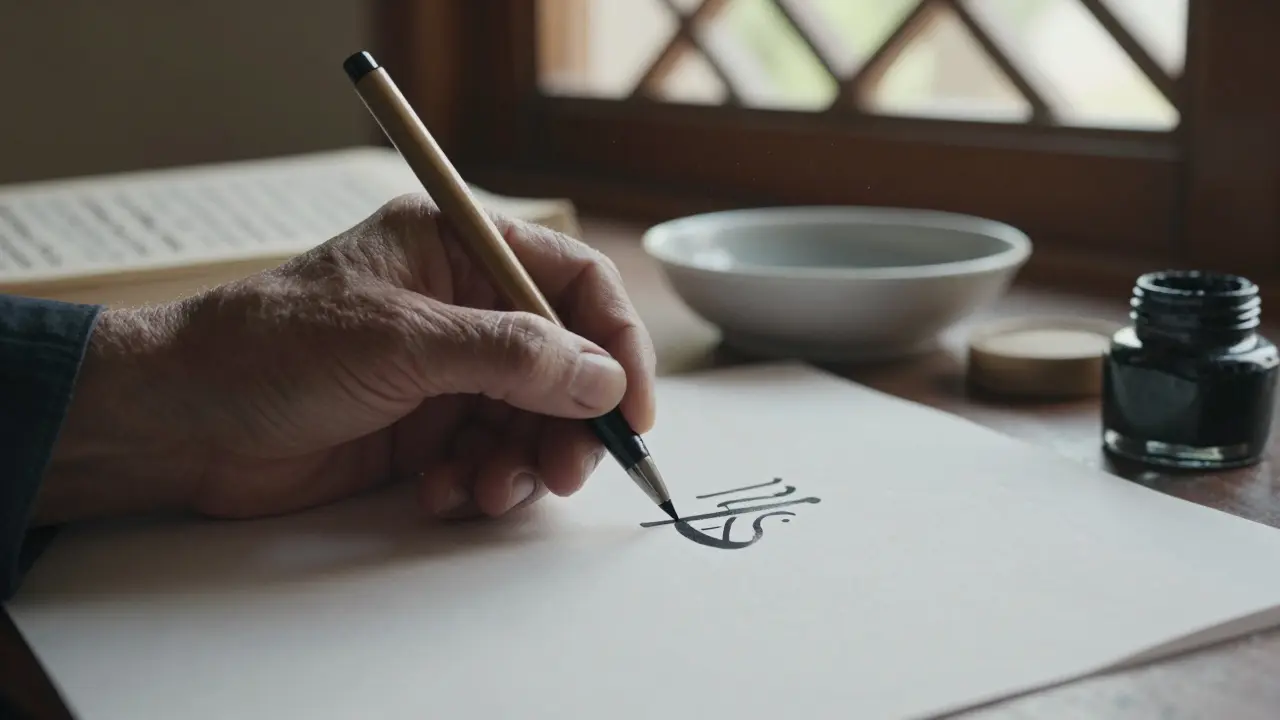 Рука каллиграфа пишет буквы 'Аллах' тростниковой ручкой на бумаге, свет падает через решётку.