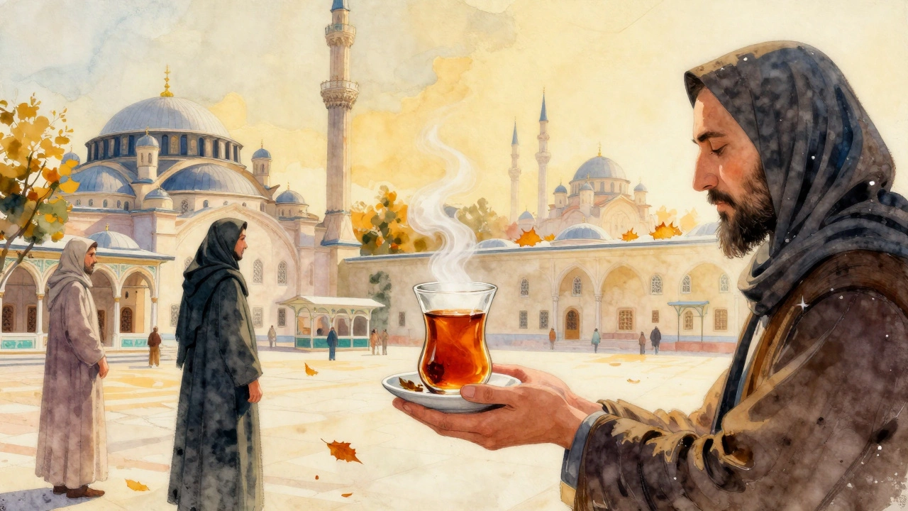 Рука подаёт чай гостю в дворе мечети, на фоне — минарет и православный собор, осенние листья и золотой свет.