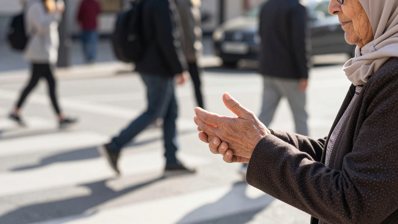 Рука помогает пожилой женщине перейти улицу — проявление доброты в повседневной жизни.