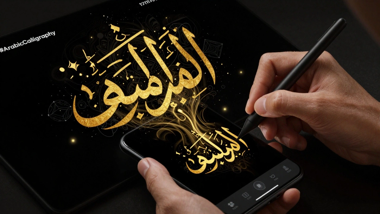 Рука рисует арабскую каллиграфию на смартфоне с золотыми чернилами в приложении для каллиграфии.