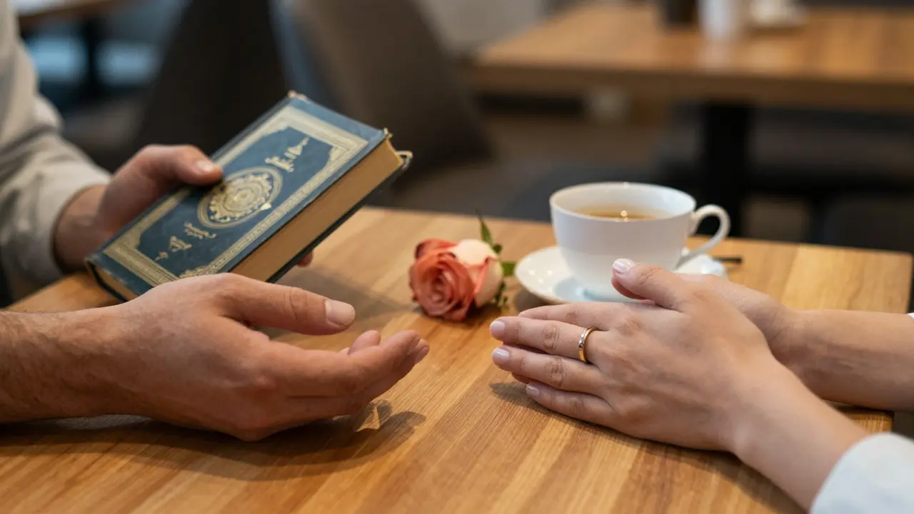 Руки с Кораном и обручальным кольцом на столе — символ уважения и намерения.