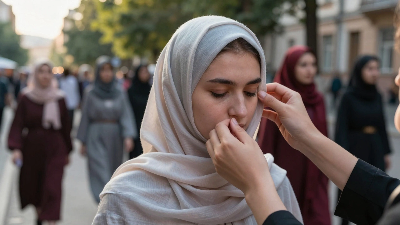Руки, складывающие хиджаб, на фоне разнообразных женщин в скромной одежде в городской среде.