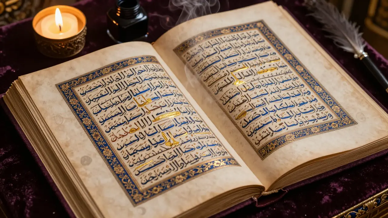 Рукописный мусхaf XV века с золотыми буквами на пергаменте, освещённый свечой.