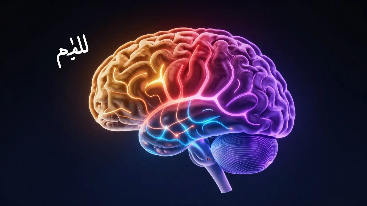 Схема мозга с активированными зонами при написании арабской каллиграфии, нейронные связи светятся.