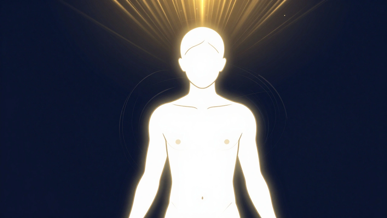 Символическое изображение чистой кожи с исчезающими волосами, окутанное золотым светом, символизирующим божественную фитру.