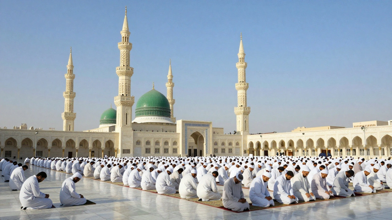 Современная мечеть Куба с белым мрамором, зелёными куполами и тысячами молящихся в тишине.