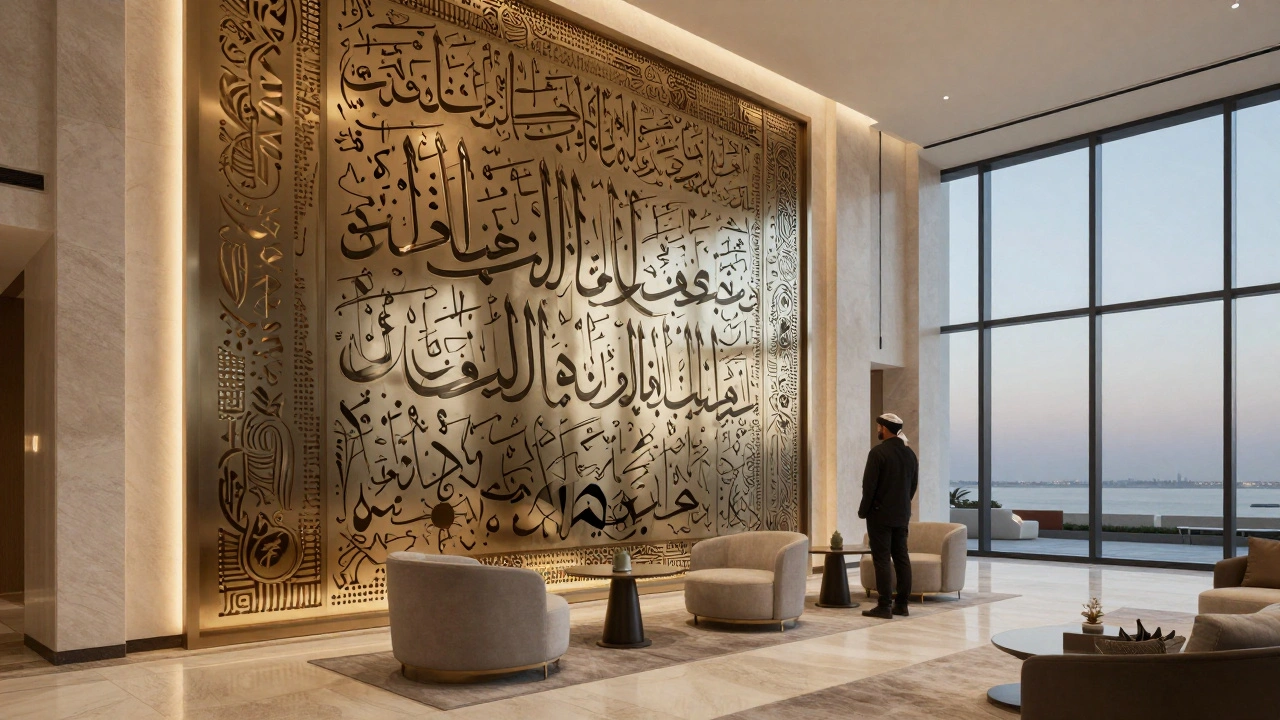 Современный интерьер отеля в Дохе с лазерной резкой металлической панели с арабской каллиграфией.