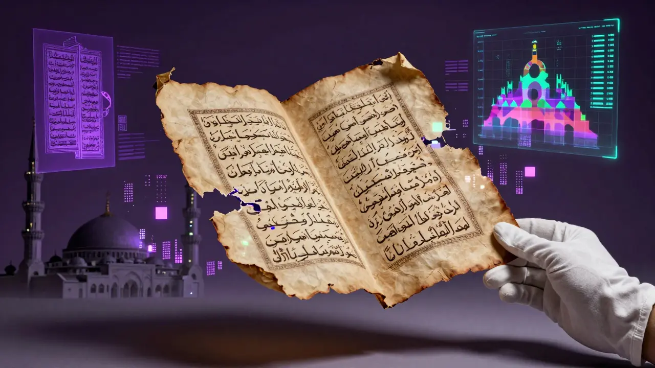 Старинный лист Корана распадается на цифровые пиксели, а вокруг него — научные сканы и руки в перчатках.