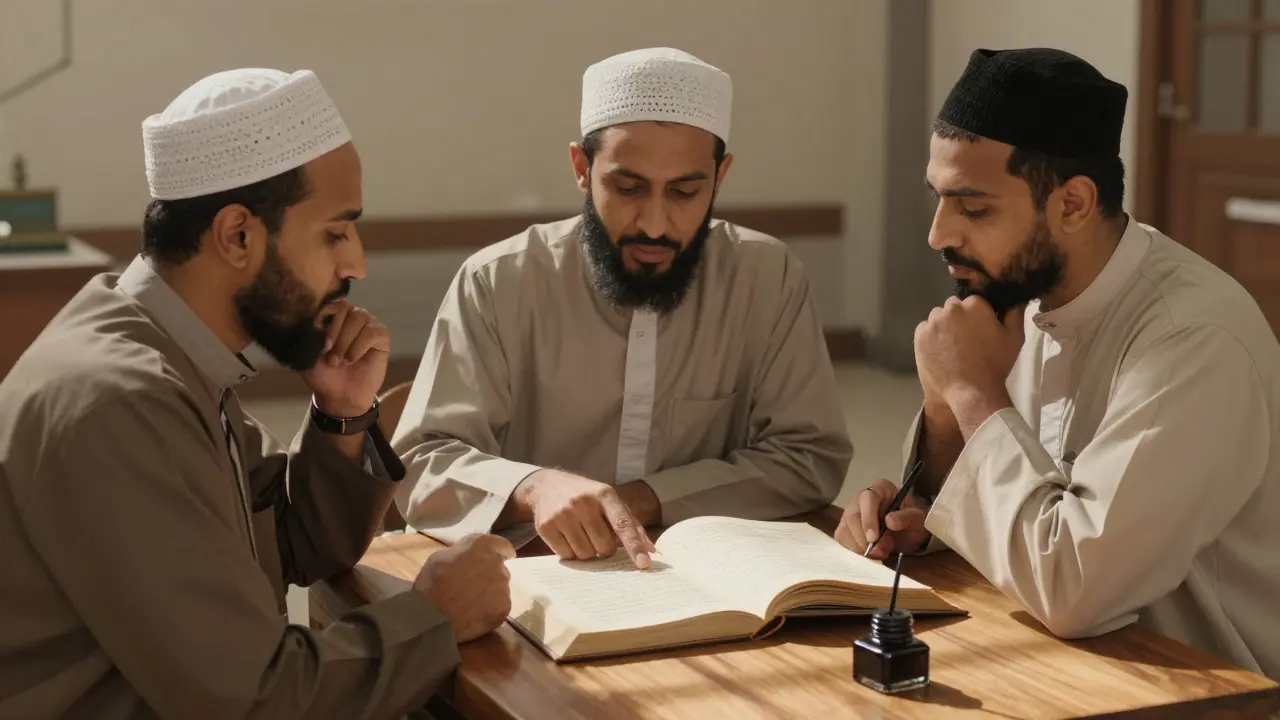 Три учёных обсуждают исламские источники о естественном состоянии тела за столом.