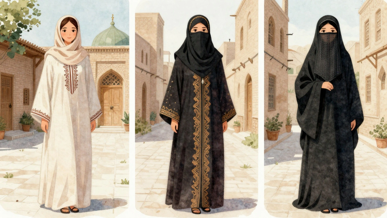 Три женщины в разных видах мусульманской одежды: хиджаб, ниаб и бурка, в различных культурных контекстах.