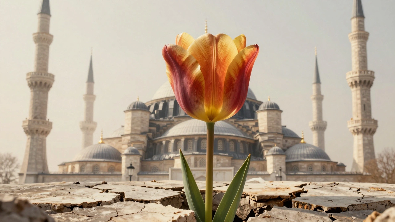 Тюльпан, расцветающий из камня, превращающийся в архитектуру мечети.