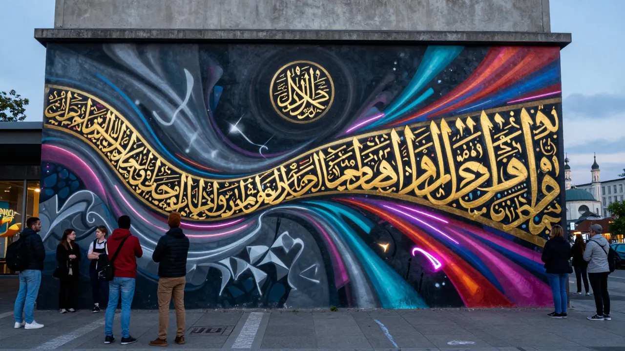 Уличная фреска с арабской каллиграфией в стиле граффити на стене в Берлине.