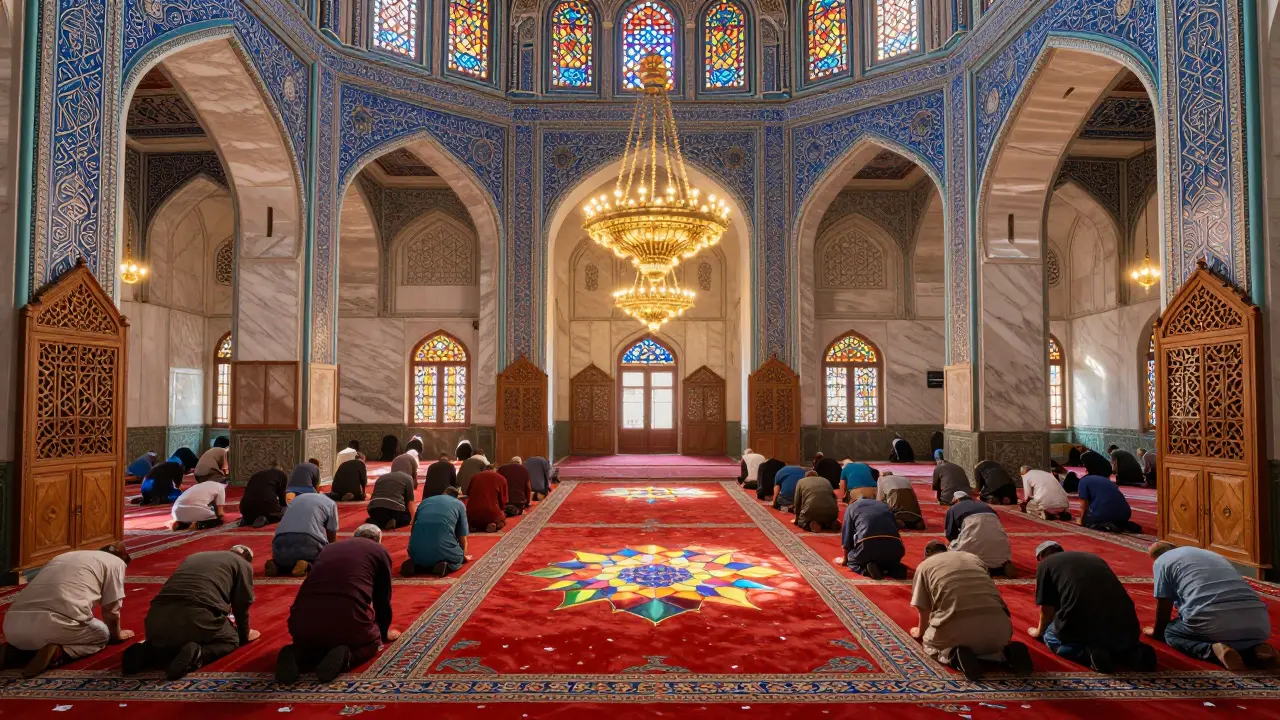 Внутренний вид молельного зала мечети Кул-Шариф с тысячами молящихся и украшениями в исламском стиле.