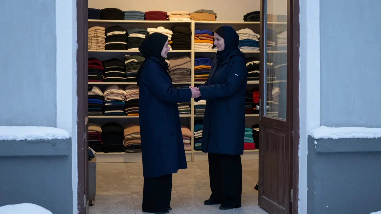 Волонтер в мечети Казани предлагает гостье длинную накидку, женщина в брюках улыбается.