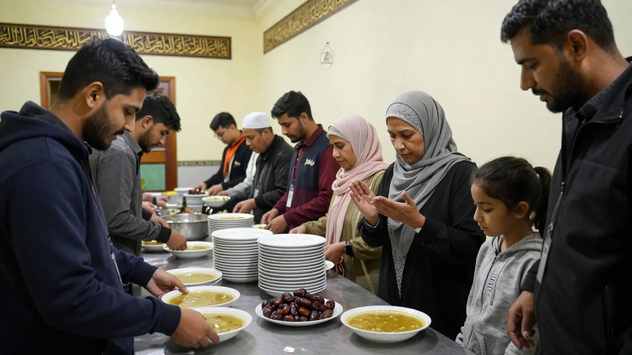 Волонтёры готовят еду для разговения в мечети во время Рамадана.