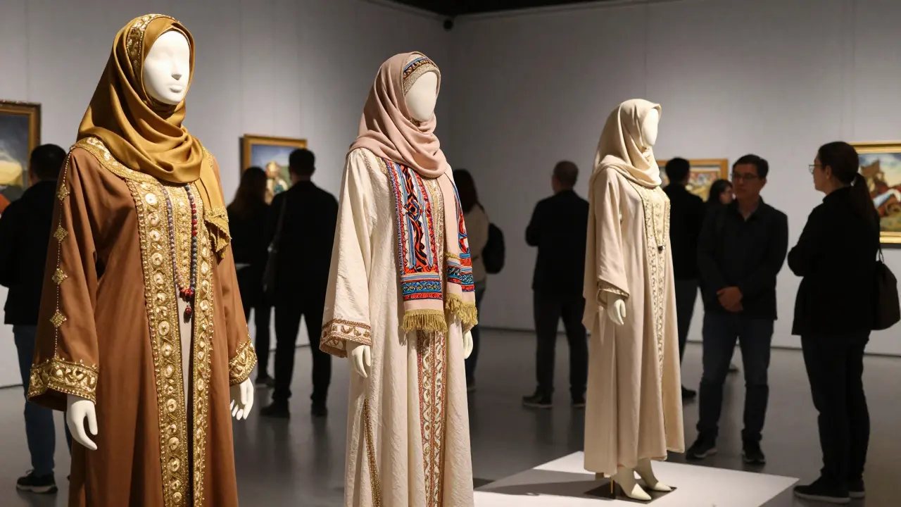 Выставка традиционных исламских нарядов с вышивкой и натуральными тканями в Казани.