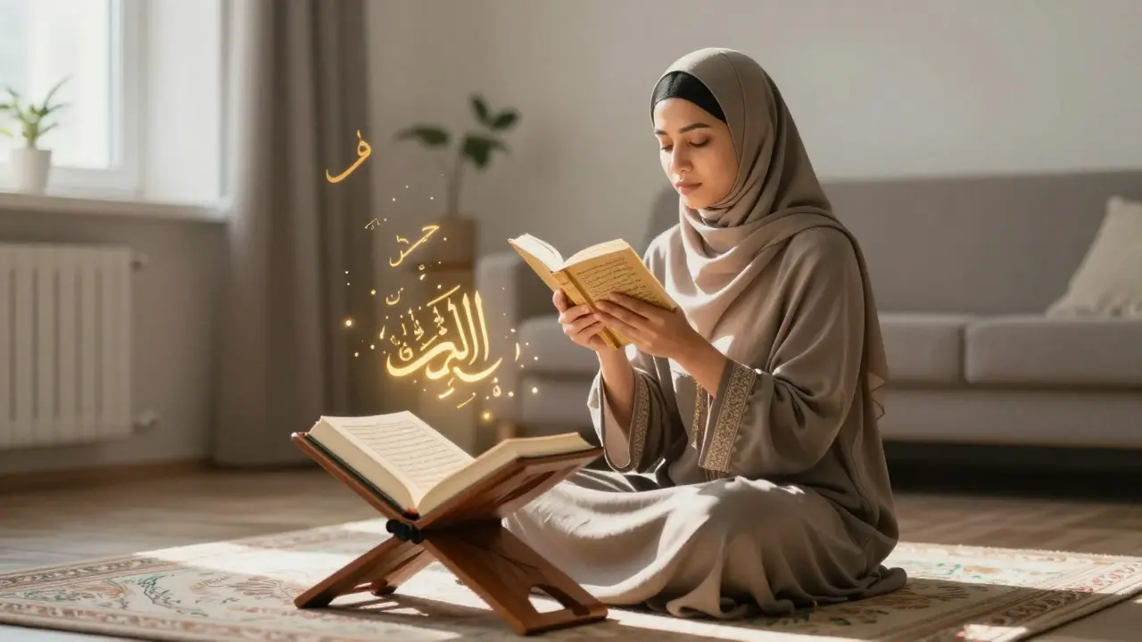 Женщина читает Коран наизусть, рядом лежит закрытый мусхaf, а вокруг неё — светящиеся аяты.