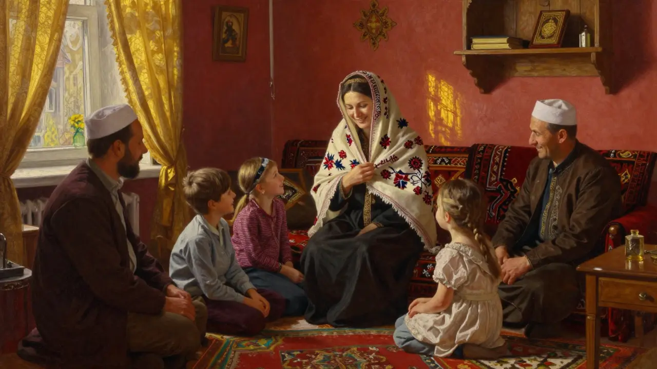 Женщина с детьми и близкими родственниками в тёплой домашней обстановке в Татарстане.