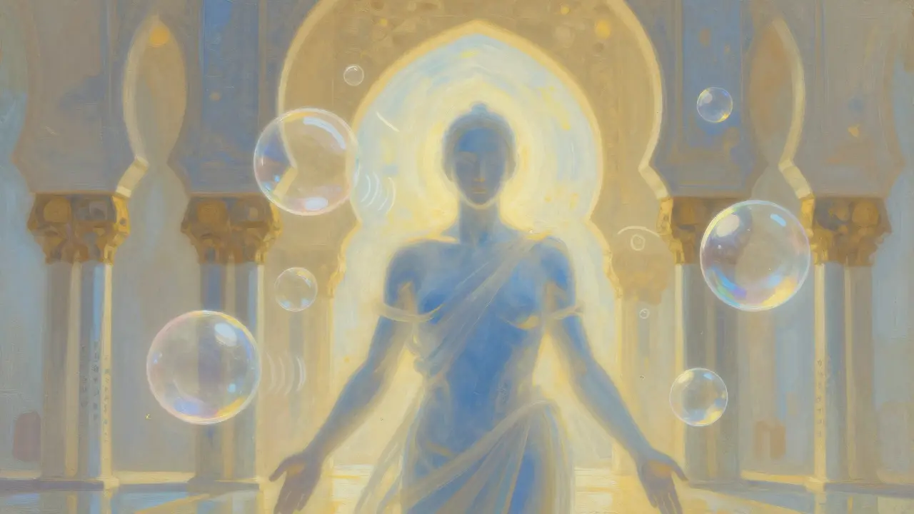 Абстрактное изображение человека с прозрачными пузырями, растворяющимися в арке мечети.