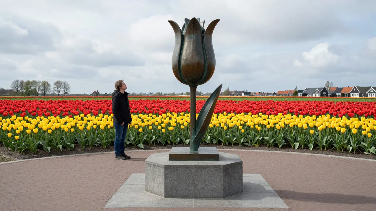 Бронзовая скульптура луковицы тюльпана на пьедестале, рядом — бескрайние поля цветов, один турист стоит в раздумье.