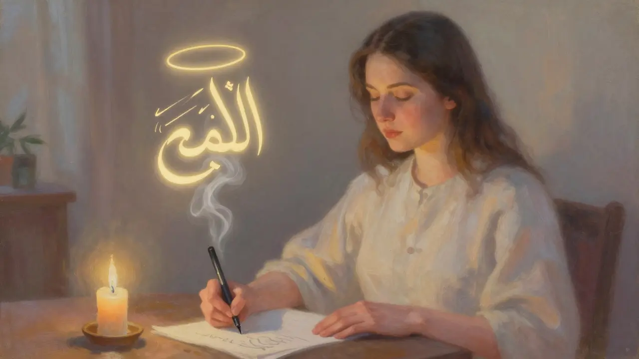 Человек медитирует, пишет слово 'мир' на бумаге, вокруг него — мягкий свет и спокойная атмосфера.