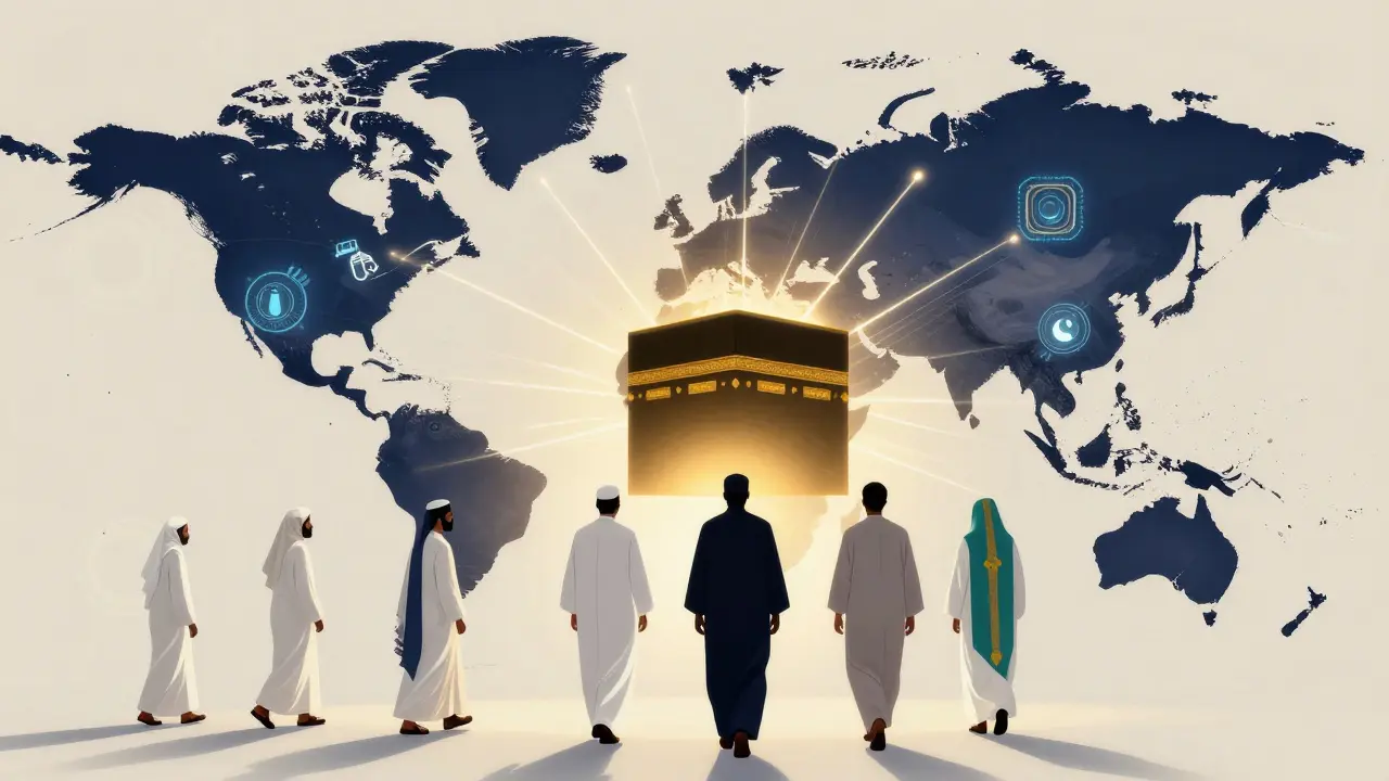 Глобальная карта с потоками паломников, сходящихся к Мекке, где Кааба светится золотым светом.